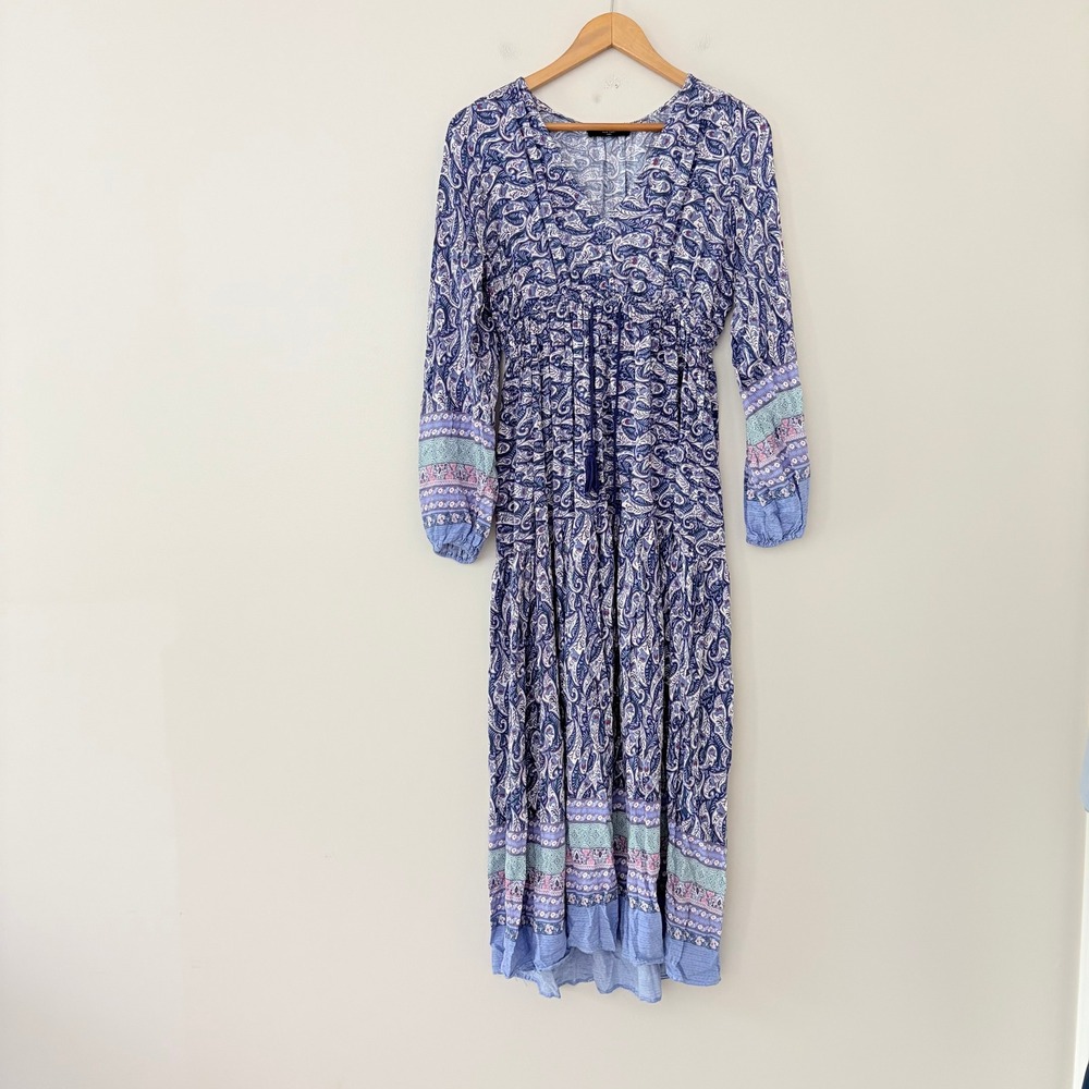 Few Moda Maxi Dress Small Blue Paisley Boho Tiered V-Neck Long Sleeve Drawstring